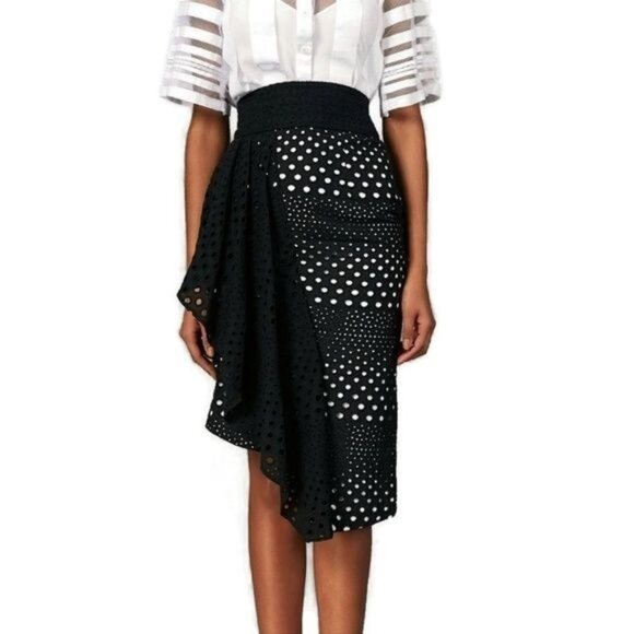 NWT Kimora Lee Simmons Eyelet Black White Asymmetrical Ruffle Hem Skirt 10 - Picture 1 of 9